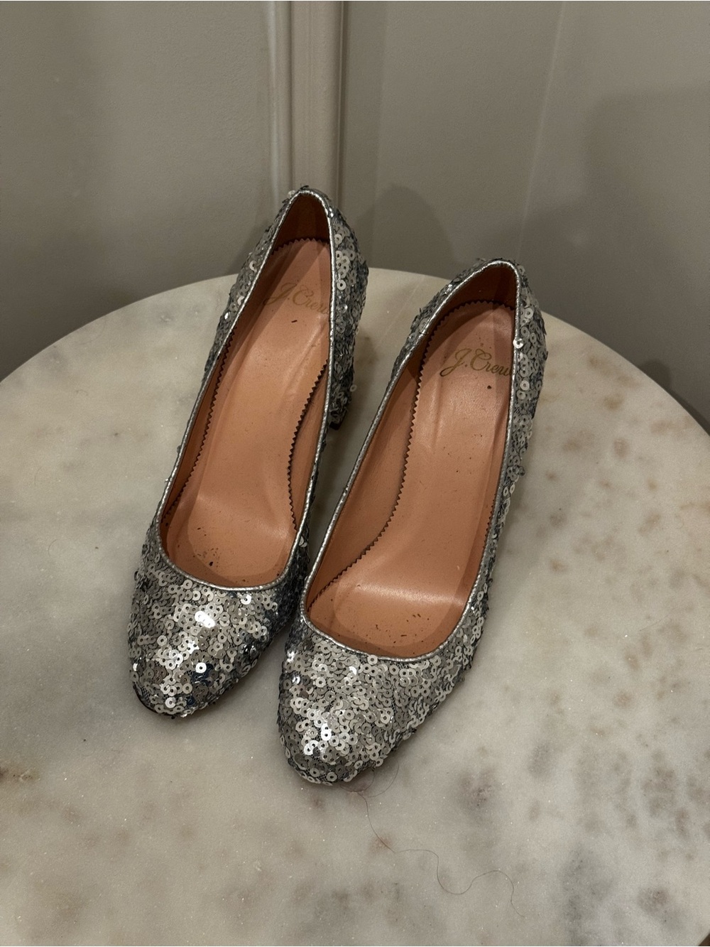 J. Crew Silver Sequin Block Heel Pumps